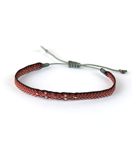 Bracelet tissé main Fleur Billes Argent en Rouge et Gris - LeJu