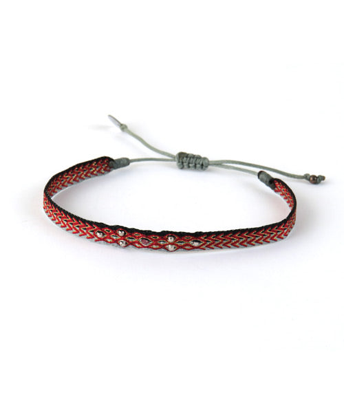 Bracelet tissé main Fleur Billes Argent en Rouge et Gris - LeJu