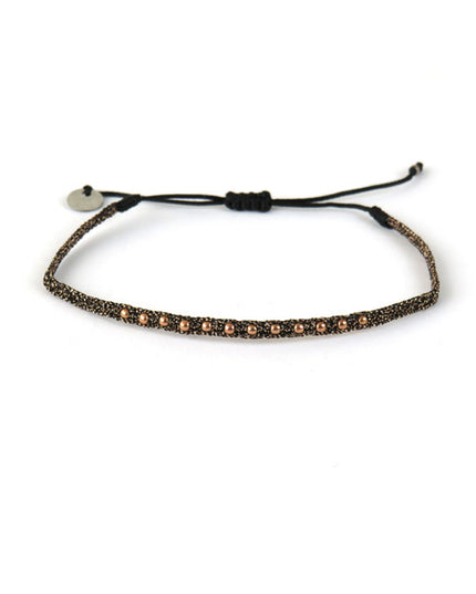 Fin Bracelet tissé main Bronze et Noir avec Billes en Or rose - LeJu