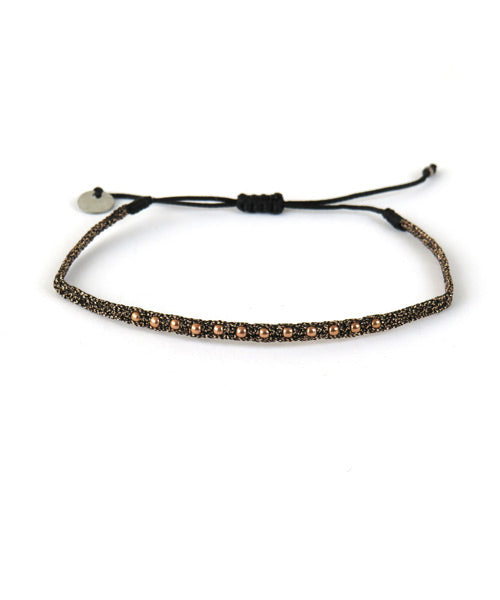 Fin Bracelet tissé main Bronze et Noir avec Billes en Or rose - LeJu