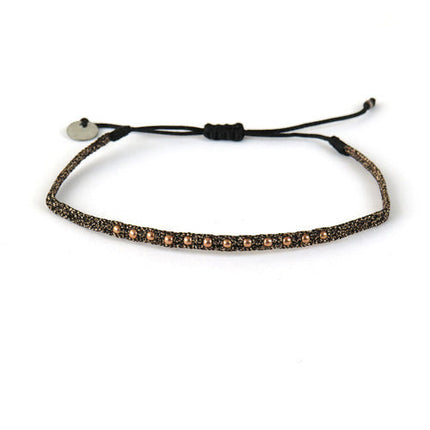 Fin Bracelet tissé main Bronze et Noir avec Billes en Or rose - LeJu