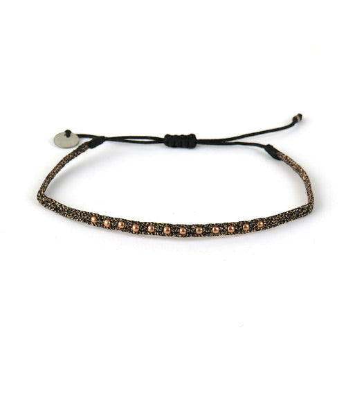 Fin Bracelet tissé main Bronze et Noir avec Billes en Or rose - LeJu