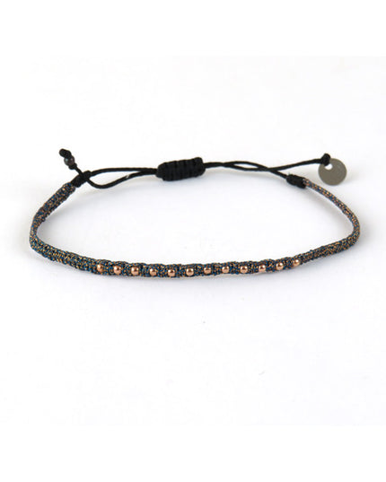 Fin Bracelet tissé main Bronze et Bleu acier avec Billes en Or rose - LeJu