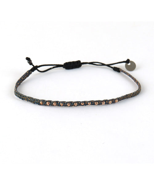 Fin Bracelet tissé main Bronze et Bleu acier avec Billes en Or rose - LeJu