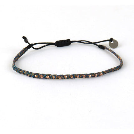 Fin Bracelet tissé main Bronze et Bleu acier avec Billes en Or rose - LeJu