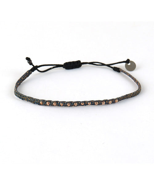 Fin Bracelet tissé main Bronze et Bleu acier avec Billes en Or rose - LeJu