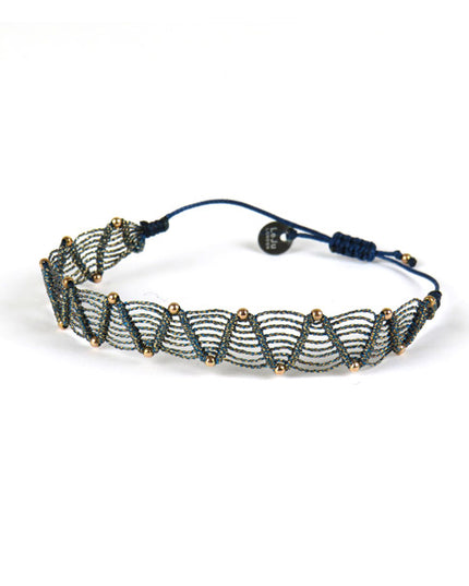 Bracelet tissé main Bronze et Bleu Billes Or rose - LeJu