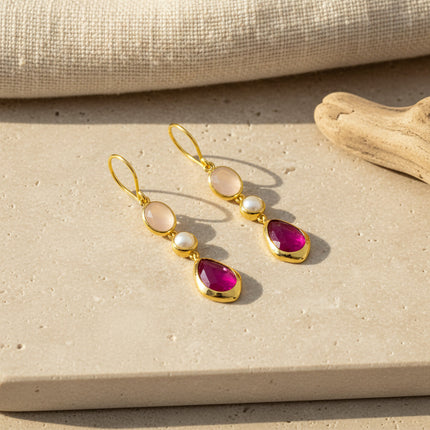 Boucle d'Oreille Analeia Or Quartz rose, Perle et Jade rose - Schmuckoo x Noyre Berlin