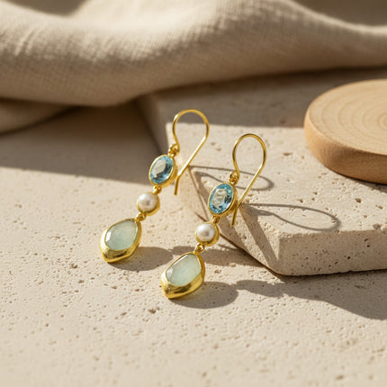 Boucle d'Oreille Analeia Or Topaze bleue, Perle et Calcédoine - Schmuckoo x Noyre Berlin