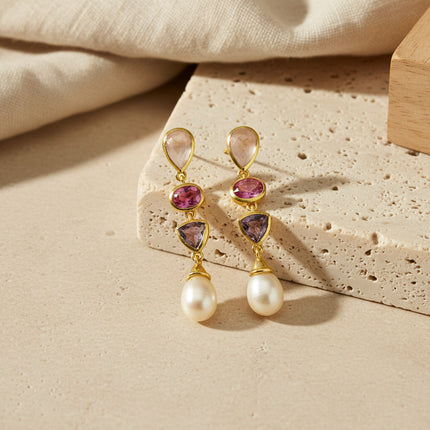Boucle d'Oreille Griselda Or Perle, Rhodolite & Quartz rose - Schmuckoo x Noyre Berlin