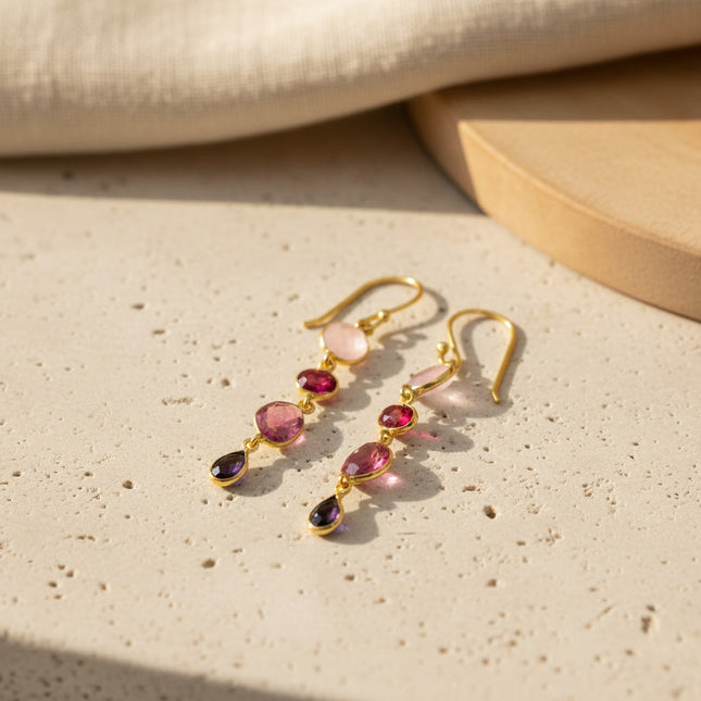 Boucle d'Oreille Sama Or Quartz rose et Tourmaline rose - Schmuckoo x Noyre Berlin
