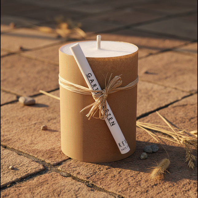 Bougie de jardin Herzog Kerzen écru 15x20 cm, emballage kraft texturé, ficelle de paille, idéale pour extérieur.