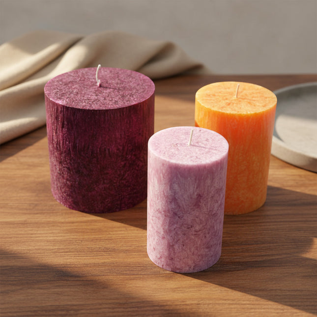 Bougies Kristallo horizons boutique décoratives cylindriques violettes, roses et oranges avec un aspect cristallin unique.