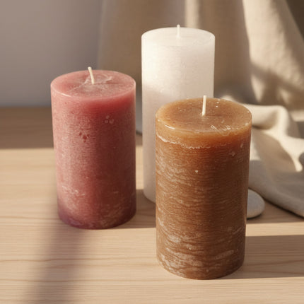 Trois bougies artisanales Herzog Kerzen de différentes couleurs (rose, blanc, marron) avec une surface texturée et un bord plat.