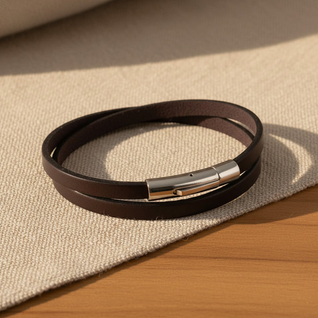 Bracelet horizons boutique 3 tours en cuir marron chocolat avec fermoir en acier inoxydable