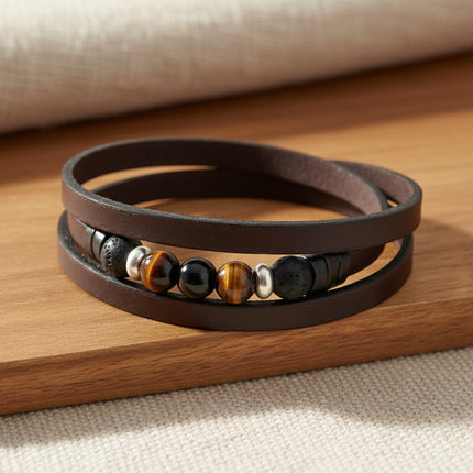 Bracelet TRÉCHIC 3 Tours Choco en cuir marron de horizons boutique avec œil de tigre, pierres de lave et onyx.