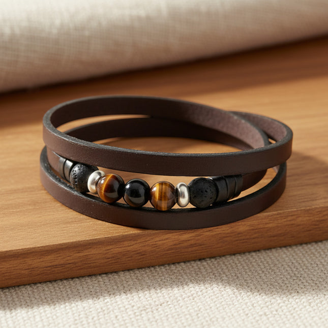 Bracelet TRÉCHIC 3 Tours Choco en cuir marron de horizons boutique avec œil de tigre, pierres de lave et onyx.
