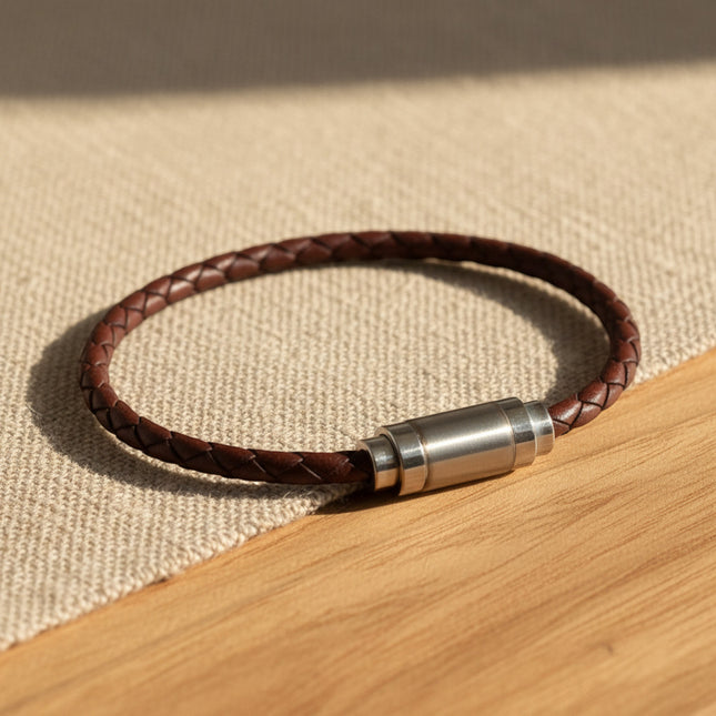 Bracelet tressé en cuir d'agneau cognac avec fermoir magnétique en acier inoxydable brossé de horizons boutique.