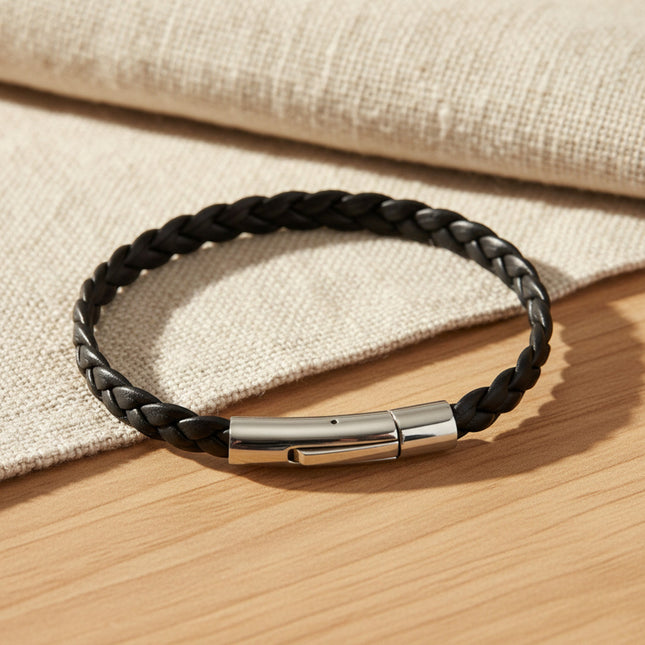 Bracelet horizons boutique en cuir d'agneau noir tressé, fermoir cylindrique en acier inoxydable.