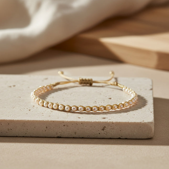 Bracelet Moon LeJu en perles d'eau douce et fil doré, ajustable, tissé main en Colombie.