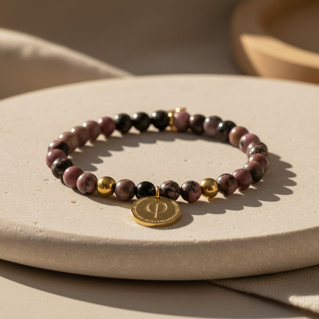 Bracelet L'Inaccessible Etoile en laiton plaqué or avec perles de rhodonite roses et noires, et un pendentif rond gravé PHI.