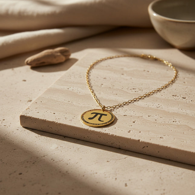 Collier horizons boutique Collection Eppure en laiton plaqué or, médaille ronde gravée du symbole Pi et de la phrase "LE GRAND ARCHITECTE SEMBLE ETRE MATHEMATICIEN".