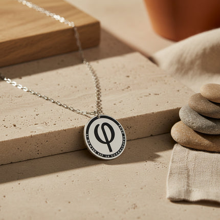 Collier horizons boutique en laiton plaqué palladium, médaille ronde gravée PHI et inscription "LE NOMBRE EST LA CONNAISSANCE MEME"