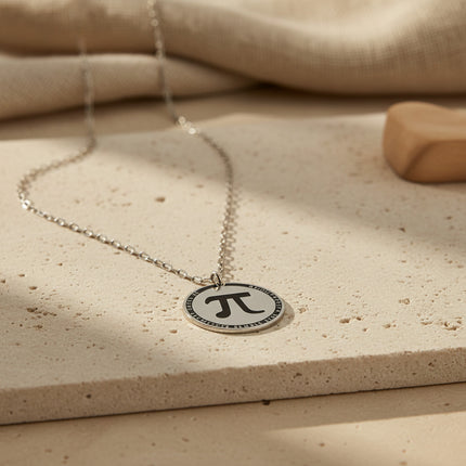 Collier horizons boutique en laiton plaqué palladium, médaille ronde gravée du symbole Pi et d'une inscription.