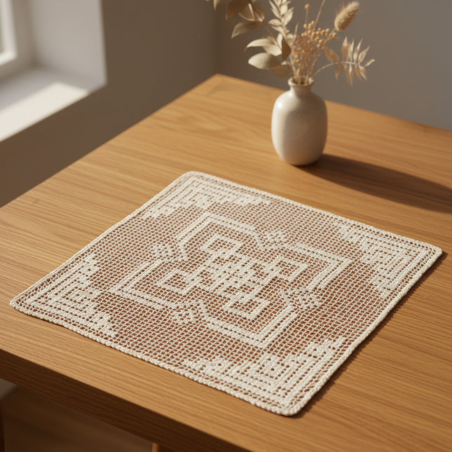Horizons Boutique napperon carré en coton écru 33cm avec motif géométrique et bordure beige