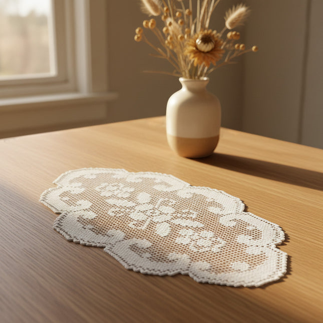 Horizons Boutique napperon ovale en dentelle écru et blanc 43cm en coton fait main motif floral