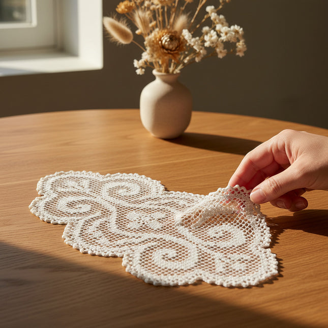 Horizons Boutique napperon ovale en coton écru avec bordure blanche, motif géométrique en dentelle de filet noué.