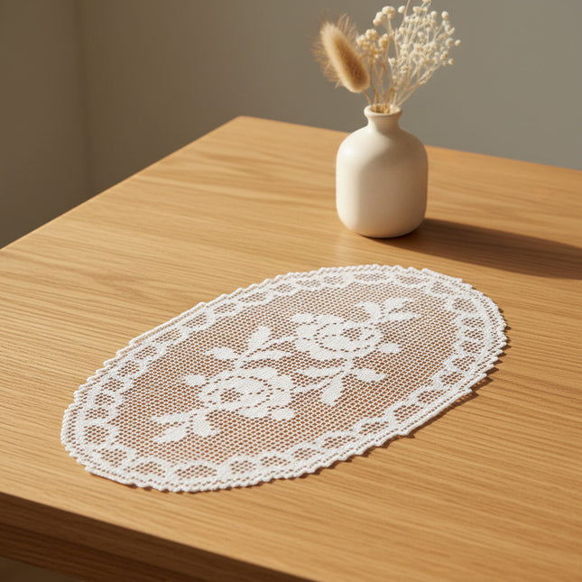 Horizons Boutique napperon ovale en dentelle blanche motif roses, 43x27cm, coton