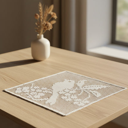 Horizons Boutique napperon en coton blanc fait main, motif oiseau sur branche, 29x24 cm