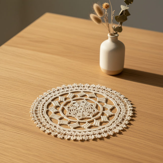 Horizons boutique napperon rond beige en coton fait main, 30cm, motif géométrique complexe, style crochet